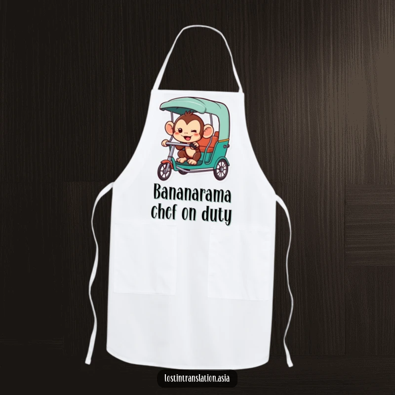 Funny monkey apron, character trying to hail a rickshaw while cooking, playful chef, funny gift.