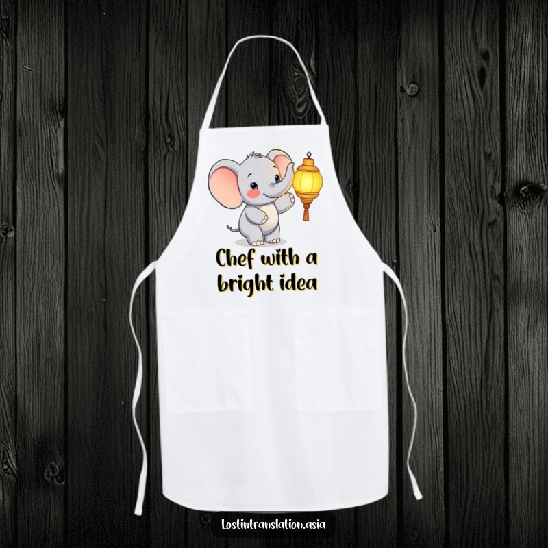 Funny elephant apron, character pointing at glowing lantern while cooking, happy chef, funny gift.