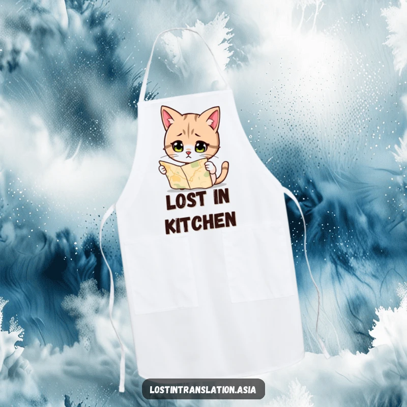 Funny Cat Apron, quizzically looking at a map, a humorous and practical addition for kitchen fun.