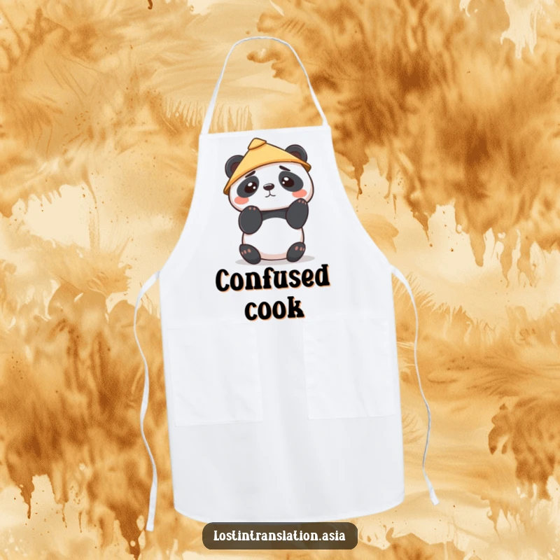 Funny Kawaii Panda Apron displays a cute panda in a hat, looking confused, perfect for adding a humorous and charming touch to cooking.