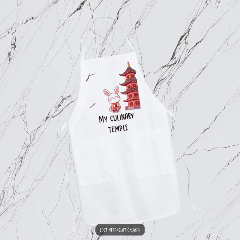 Funny rabbit in a kimono looking up at a stylized pagoda, a charming and humorous apron for kitchen activities.