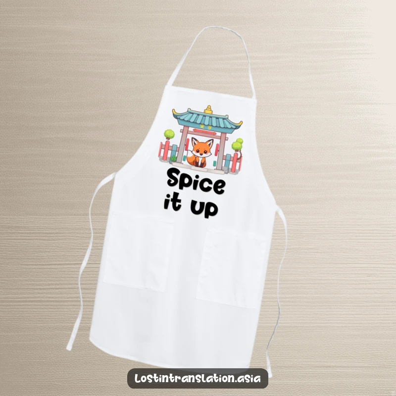 Funny fox peeking around a colorful temple gate, designed for a humorous kitchen apron.