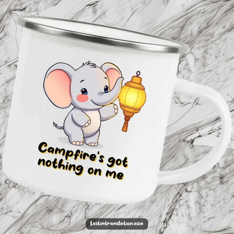 Funny elephant camping mug, character pointing at glowing lantern, happy, outdoorsy, funny gift.