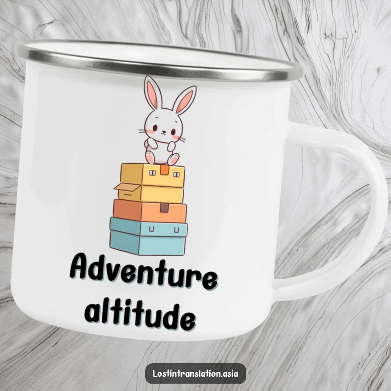 Funny rabbit wobbling on stacked boxes, depicted on a durable camping mug for outdoor enthusiasts.