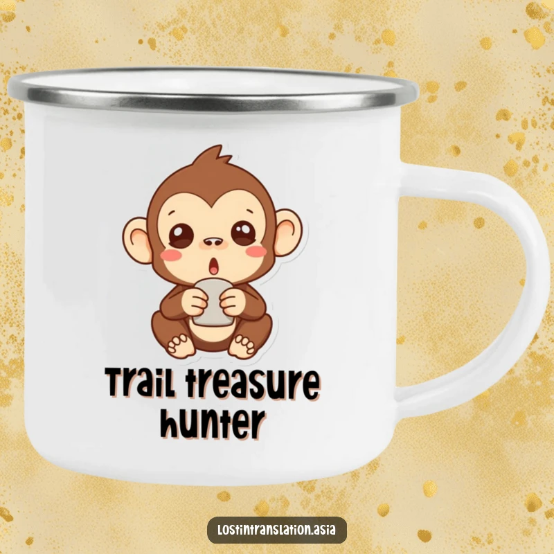 Funny surprised monkey camping mug featuring a stylized primate with a bewildered expression holding a strange object, great for outdoors.