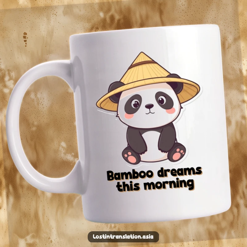 Funny panda mug, character wearing conical straw hat, looking curious, peaceful, funny gift.