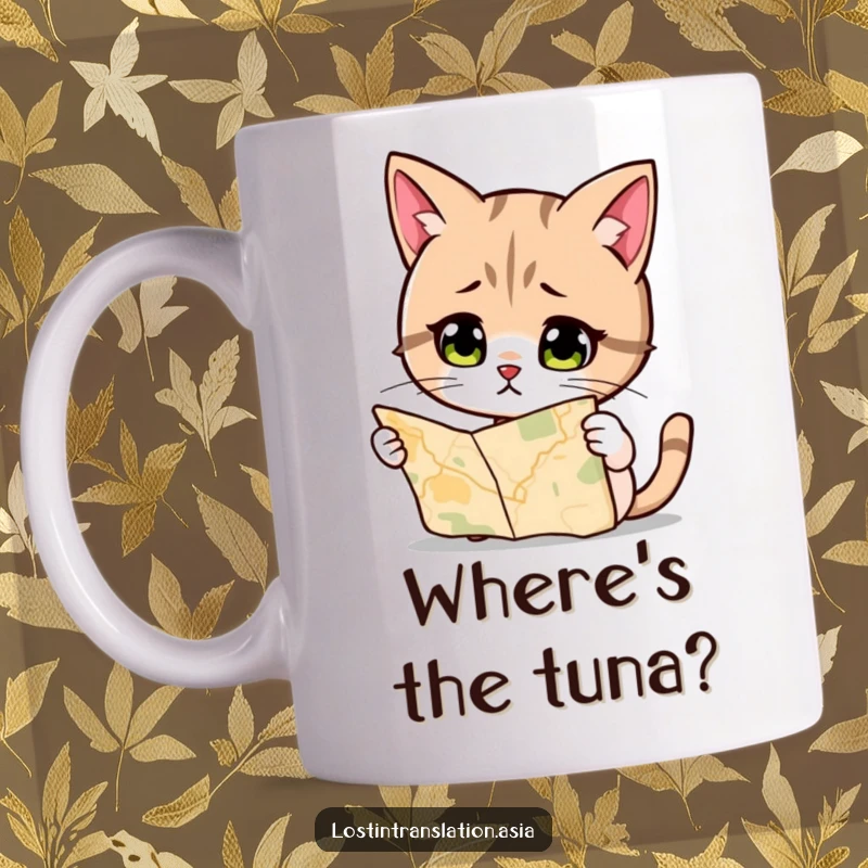Funny Cat Mug, looking quizzically at a map, attempting to navigate with feline curiosity and humorous confusion.