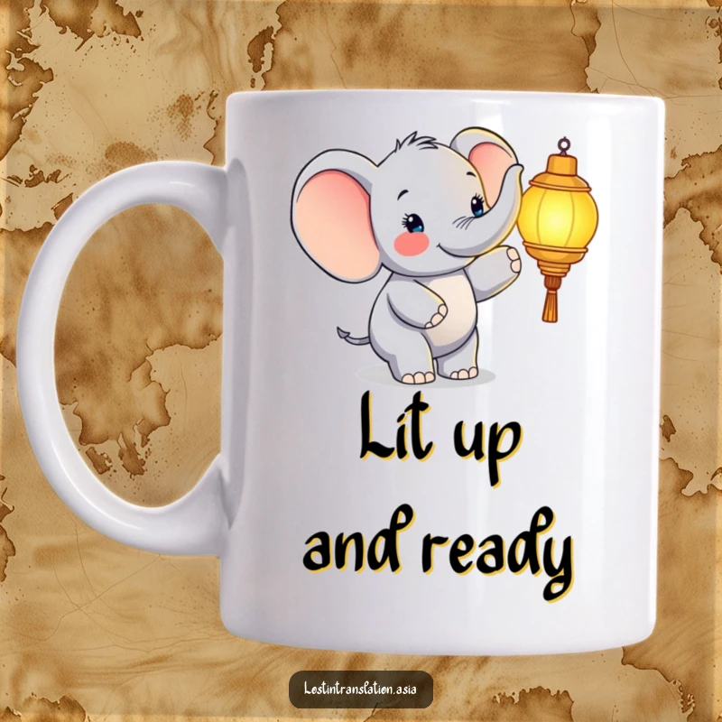 Funny elephant mug, character pointing at glowing lantern, happy, joyful, illuminating, funny gift.