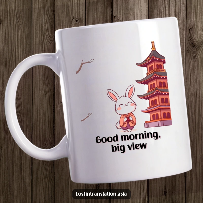 Funny smiling rabbit in a kimono looking up reverently at a giant, stylized pagoda, conveying a sense of wonder and joy.