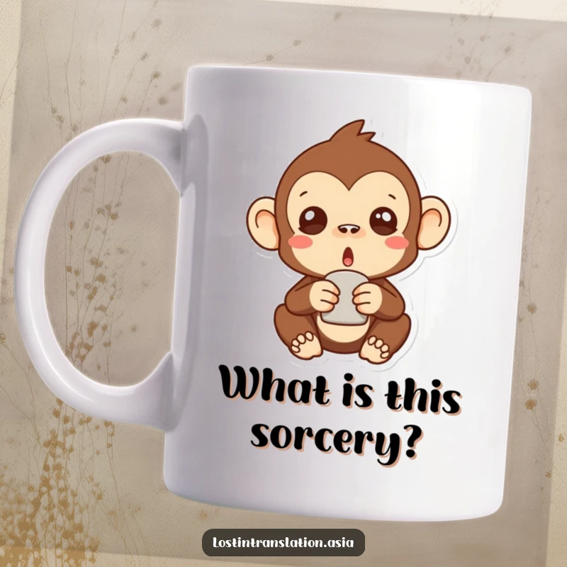 Funny surprised monkey mug featuring a cute stylized primate holding a mysterious object with a wide-eyed, shocked expression.