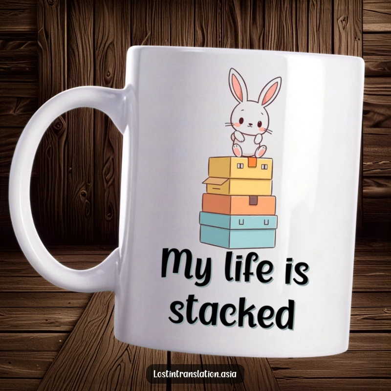 Funny rabbit teetering on a precarious stack of unknown boxes, expressing comedic panic on this mug.