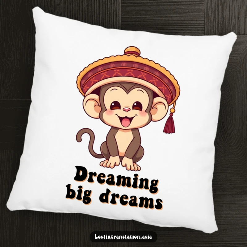 Funny Monkey Pillow, comically struggling with a large hat, providing soft comfort with a humorous primate twist.