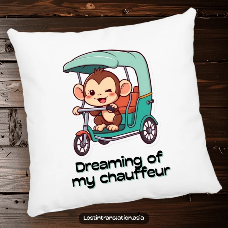 Funny monkey pillow, character trying to hail a rickshaw, soft, snuggly, funny gift.