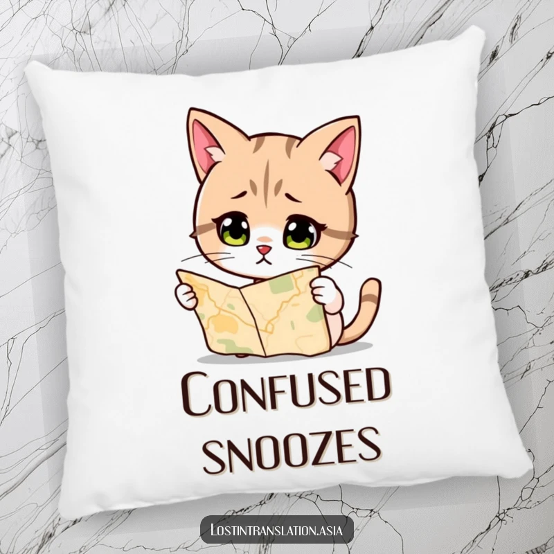 Funny Cat Pillow, quizzically studying a map, providing soft comfort with a humorous feline twist.