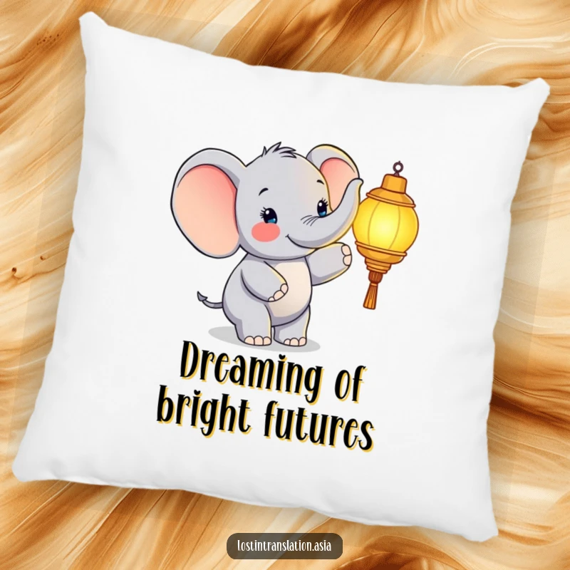 Funny elephant pillow, character pointing at glowing lantern, happy, soft, comforting, funny gift.