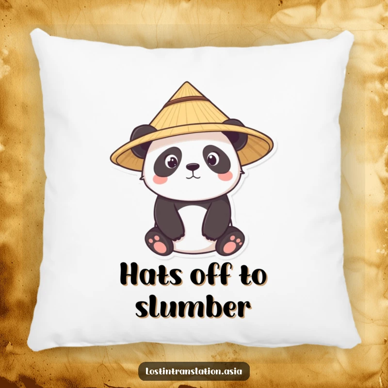 Funny panda pillow, character wearing straw hat, curious, soft, cuddly, funny gift.