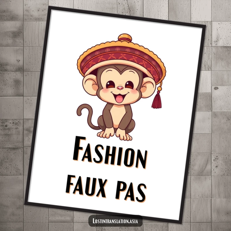 Funny Monkey Digital Art Print, comically trying to wear an oversized hat, a humorous and charming piece for walls.