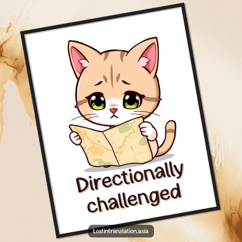 Funny Cat Digital Art Print, quizzically looking at a map, a humorous and charming piece for walls.