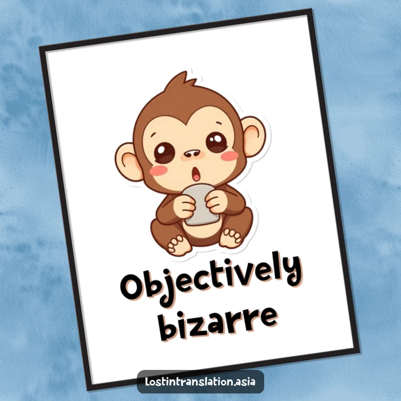 Funny surprised monkey digital art print showing a stylized primate with a comical look of shock holding a mysterious object.