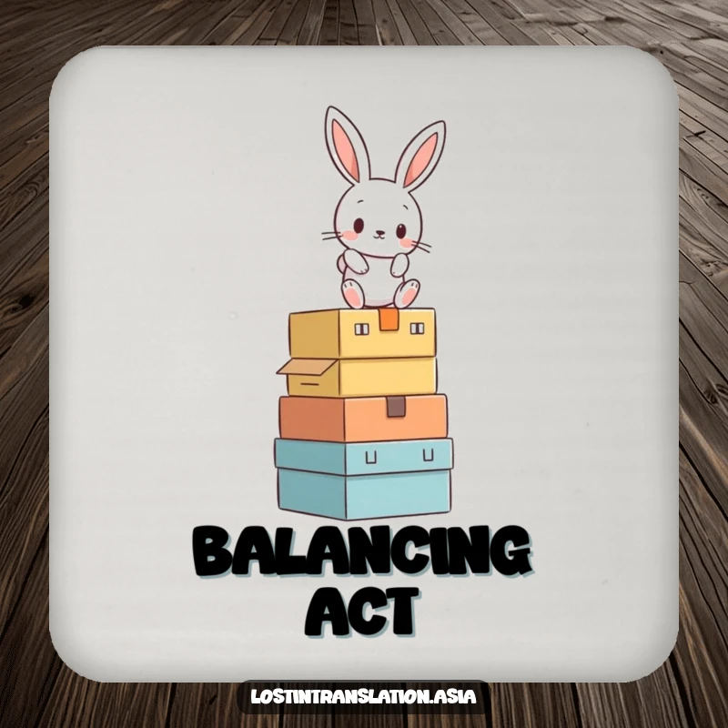 Funny rabbit perched precariously on a stack of boxes, featured on a humorous drink coaster.