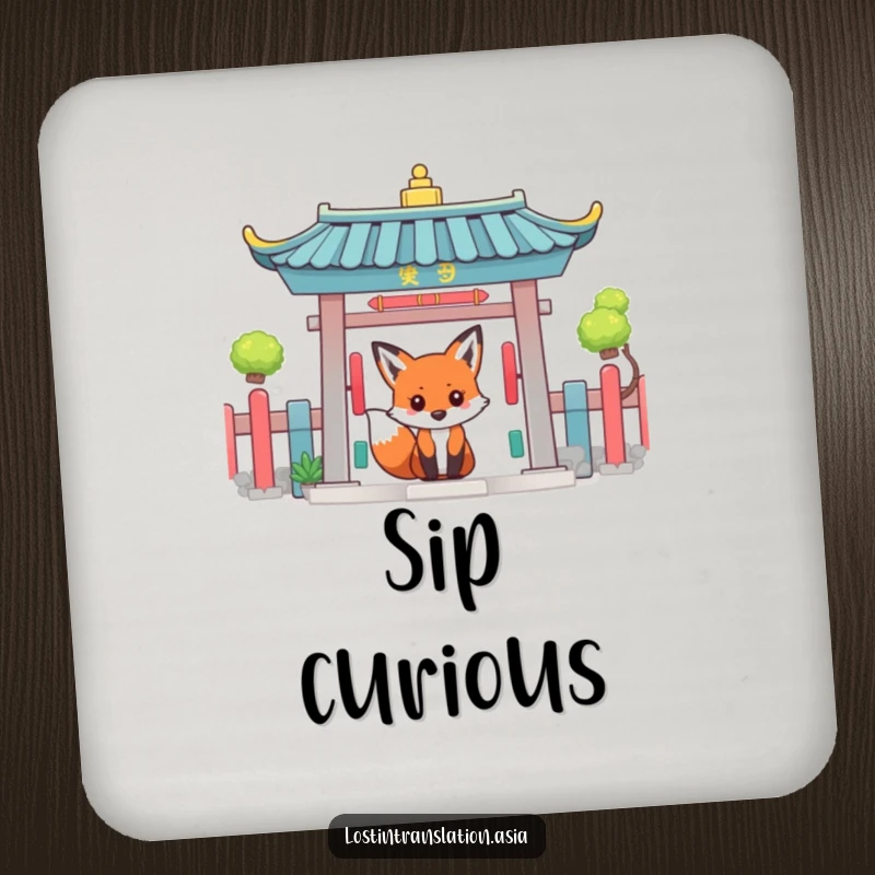 Funny fox peeking around a vibrant temple gate, featured on a humorous drink coaster.