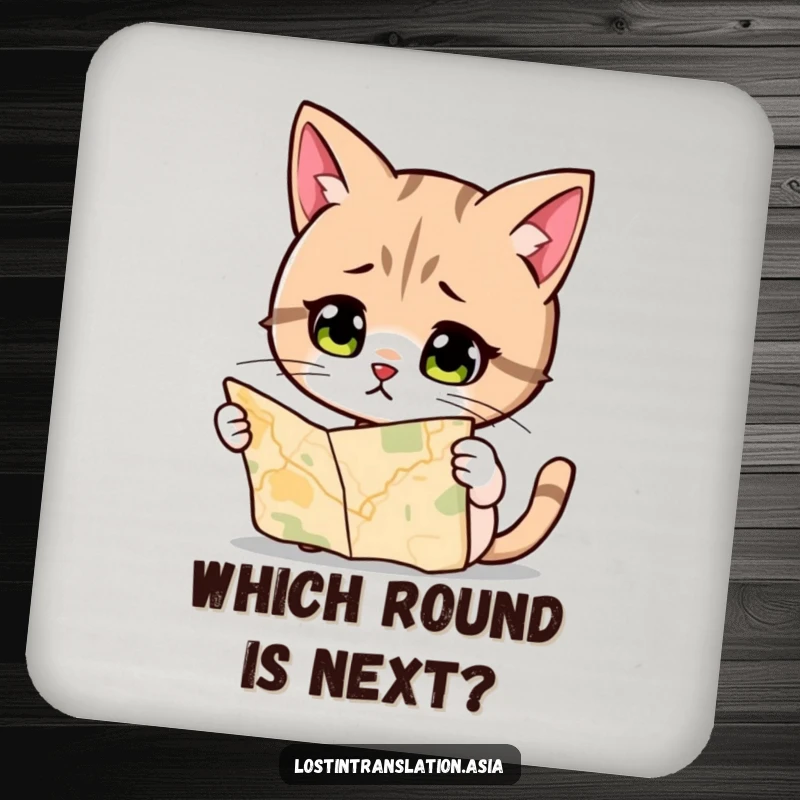 Funny Cat Coaster, quizzically studying a map, a humorous and practical table protector.