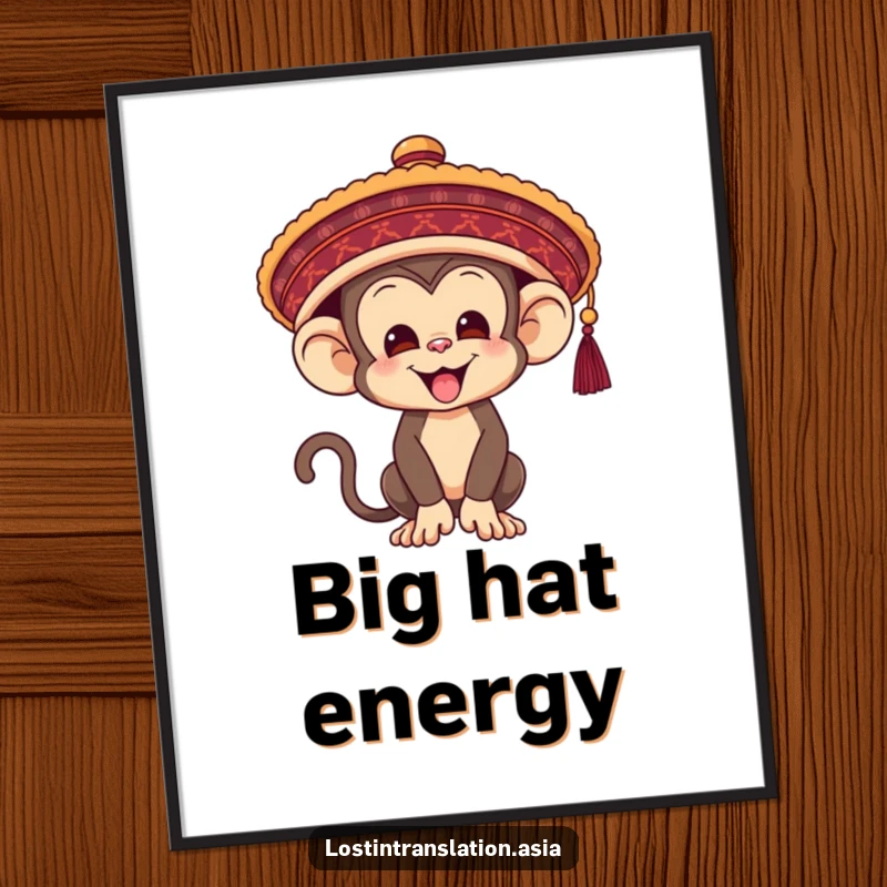 Funny Monkey Poster, comically attempting to wear an oversized traditional hat, creating a humorous and charming wall decoration.