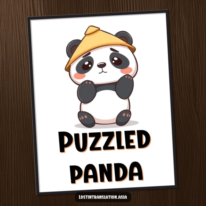 Funny Kawaii Panda Poster features a cute panda wearing a hat, looking confused, ideal for adding whimsical and intriguing wall art.