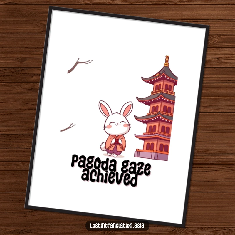 Funny rabbit in a kimono looking up at a majestic, stylized pagoda, creating an artful and humorous wall decoration.