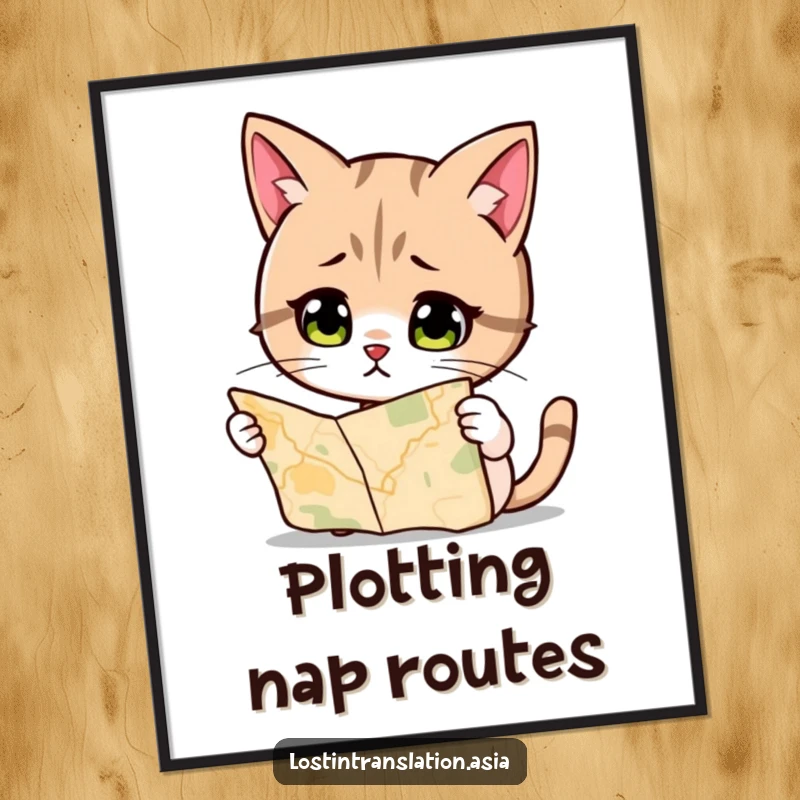 Funny Cat Poster, looking puzzled at a map, creating a humorous and charming wall decoration for cat lovers.