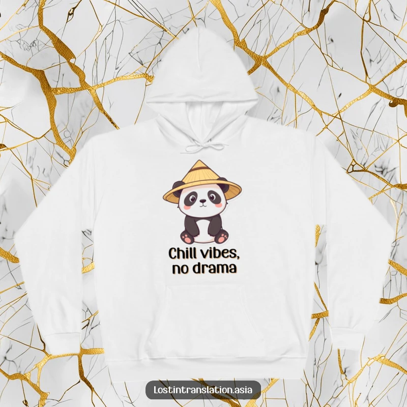 Funny panda hoodie, character wearing conical straw hat, curious, cozy, warm, funny gift.
