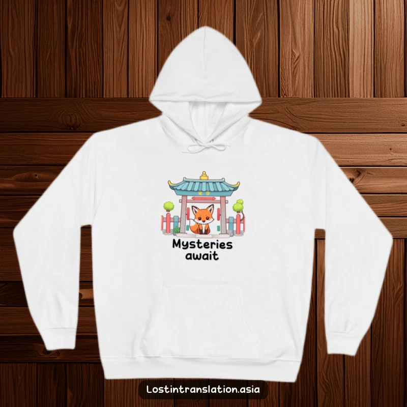 Funny fox peeking from behind a brightly colored temple gate, featured on a warm and humorous hoodie.