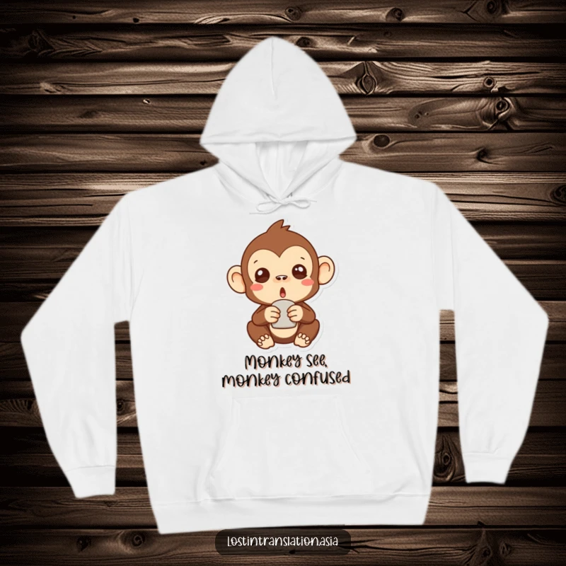 Funny surprised monkey hoodie featuring a stylized primate in a state of shock holding a peculiar item, perfect for a cozy laugh.