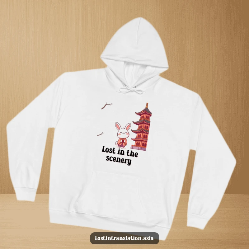 Funny rabbit in a traditional kimono looking up at a grand, stylized pagoda, creating a peaceful and humorous scene.