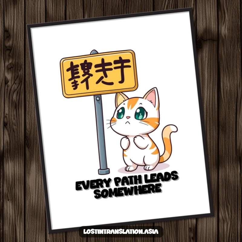 Funny free printable wall art of a startled cat looking confused at a busy street sign, adding a humorous twist.