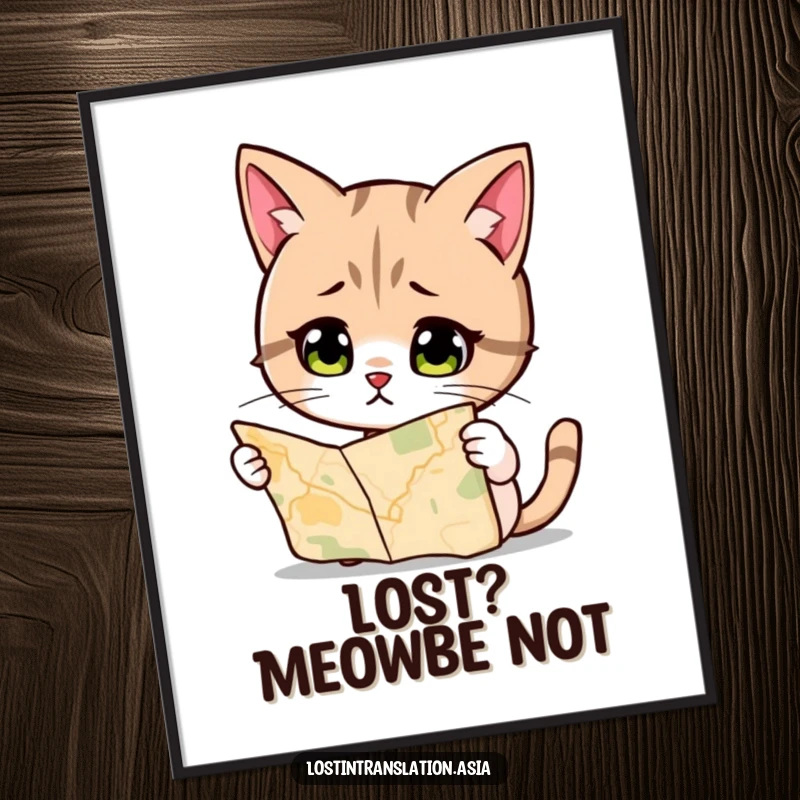 Funny Free Printable Wall Art: A cat looks quizzically at a map, humorously pondering directions, adding a playful touch to decor.