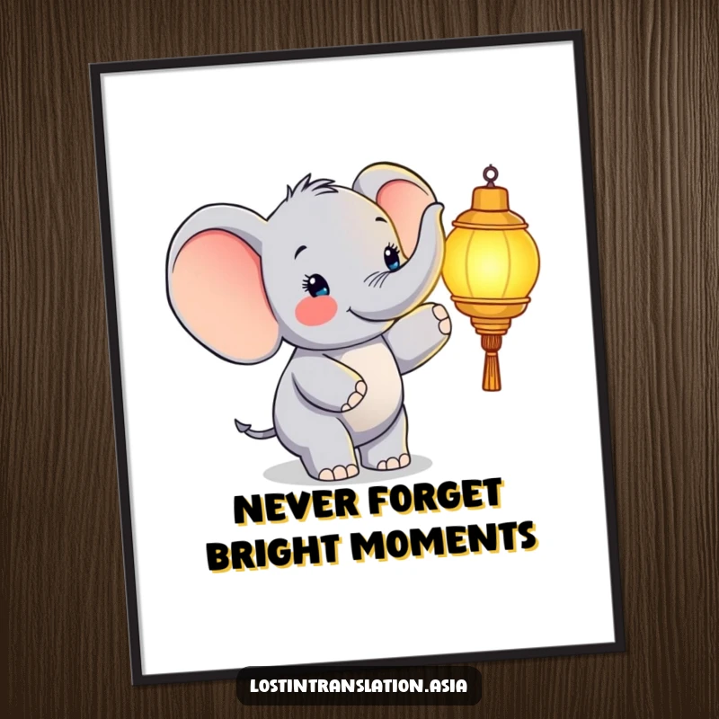 Funny free printable wall art of a happy elephant pointing at a glowing lantern, creating a serene and cheerful atmosphere.