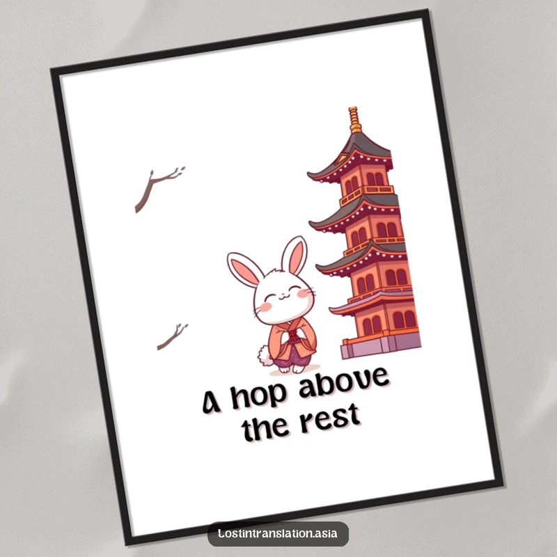 Free Printable Wall Art: A fluffy rabbit in a kimono admires a tall, stylized pagoda in a peaceful scene.