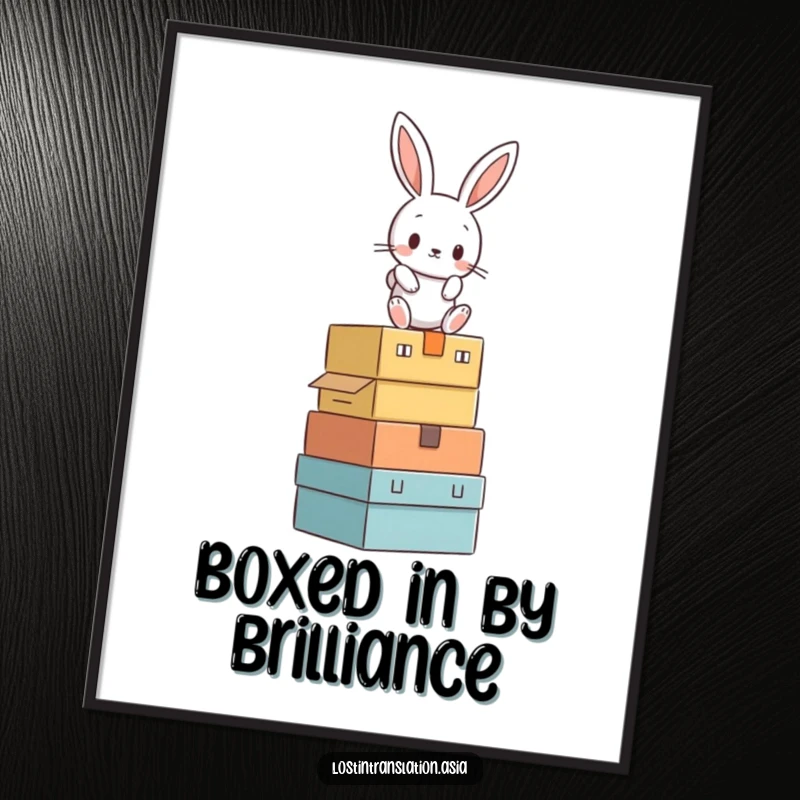 Funny Free Printable Wall Art showing a rabbit comically balancing on a precarious stack of boxes, adding humor to any room.