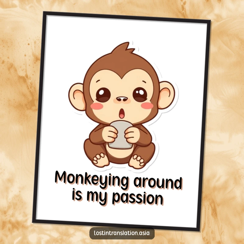 Funny Free Printable Wall Art: A stylized monkey with a comically shocked expression holding a strange item.