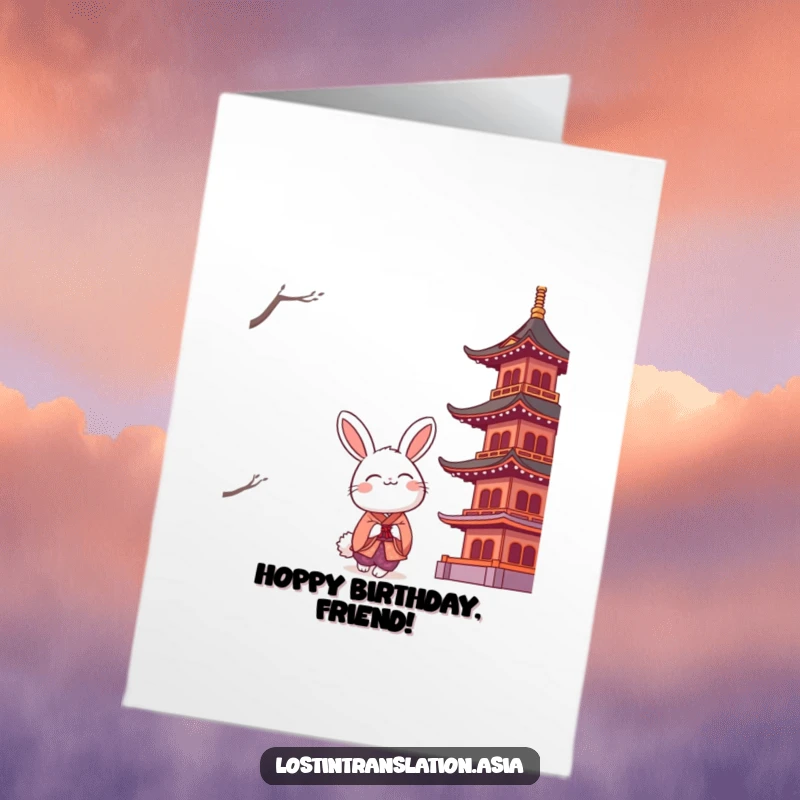 Free Printable Birthday Card: A smiling fluffy rabbit in a kimono gazes up at a grand, stylized pagoda.