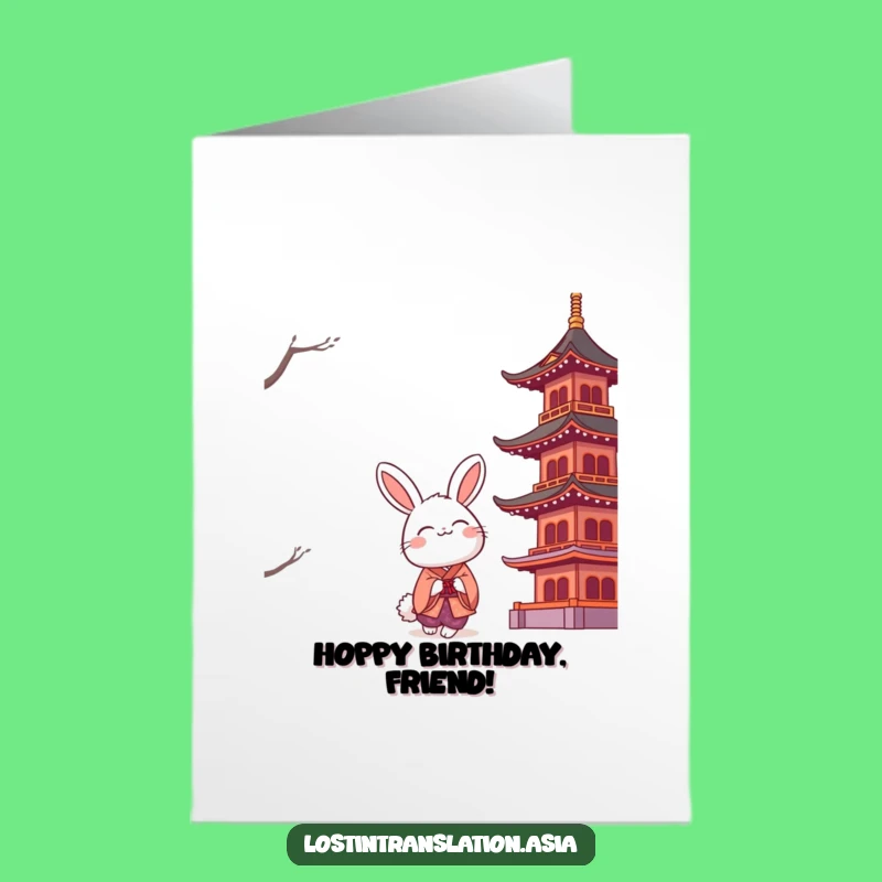 Free Printable Birthday Card: Adorable Rabbit & Pagoda - Joyful Downloadable