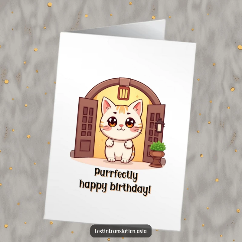 Funny Free Printable Cat Birthday Card: Round cat with big eyes peeking from a doorway.