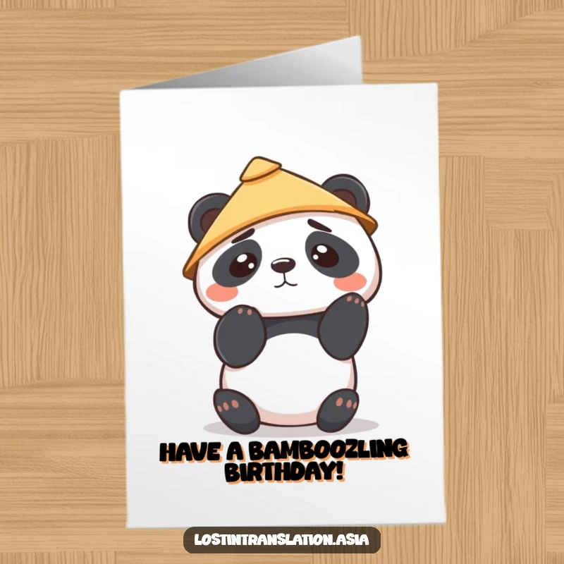 Funny Free Printable Panda Birthday Card: Confused panda in a conical hat, looking around.