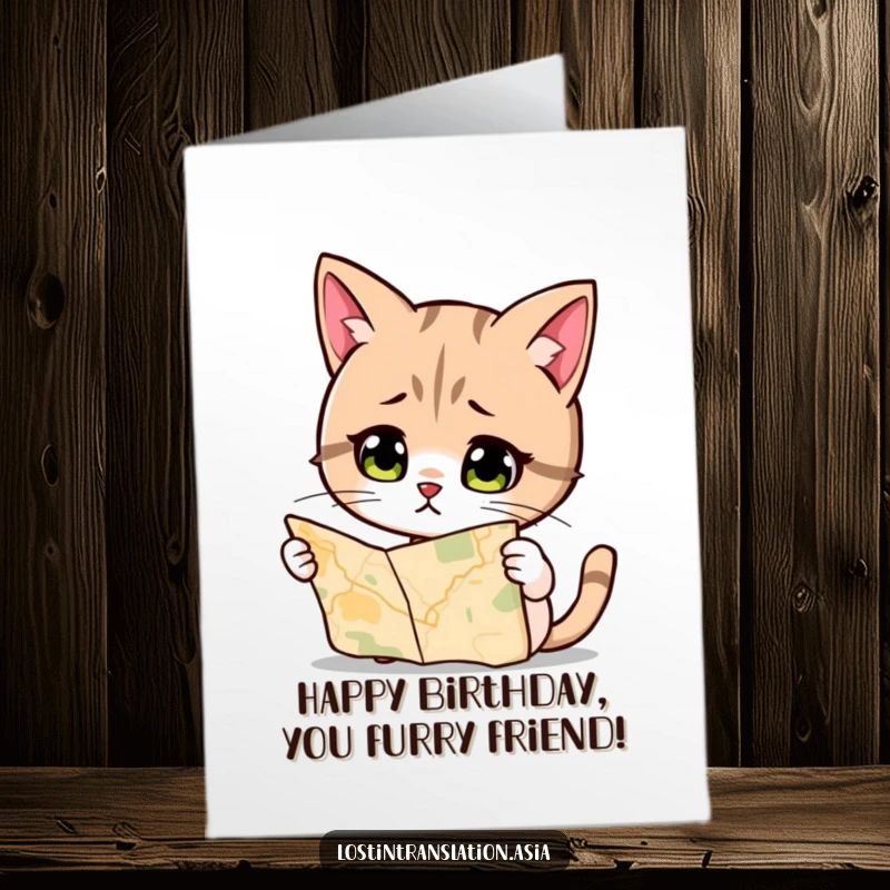 Funny Free Printable Birthday Card: A cat looks quizzically at a map, humorously lost, ready to deliver birthday wishes.