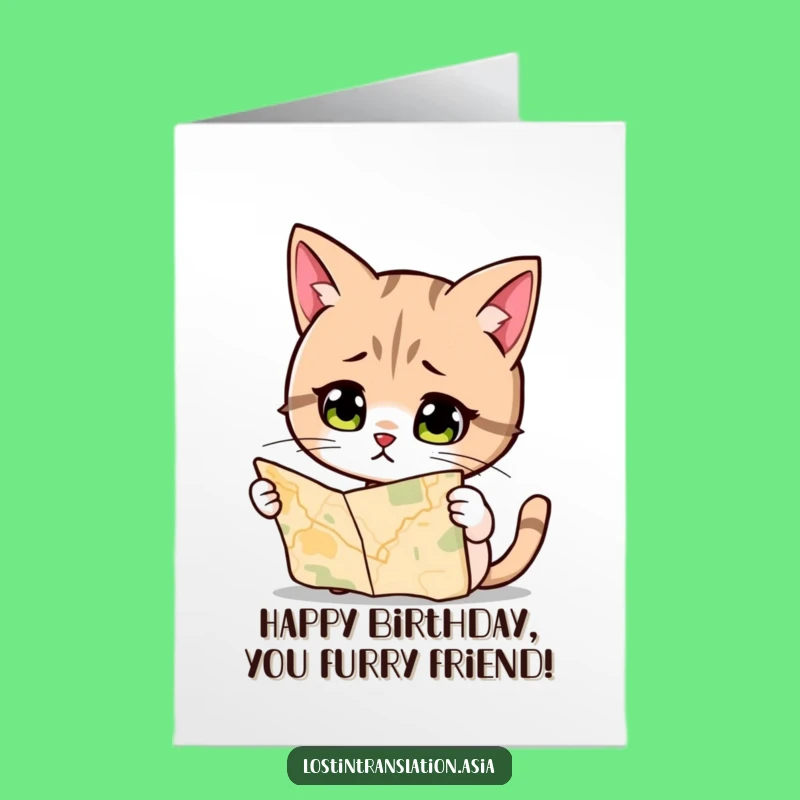 Free Printable Cat Birthday Card: Lost Map Cat Downloadable Humorous Birthday Gift