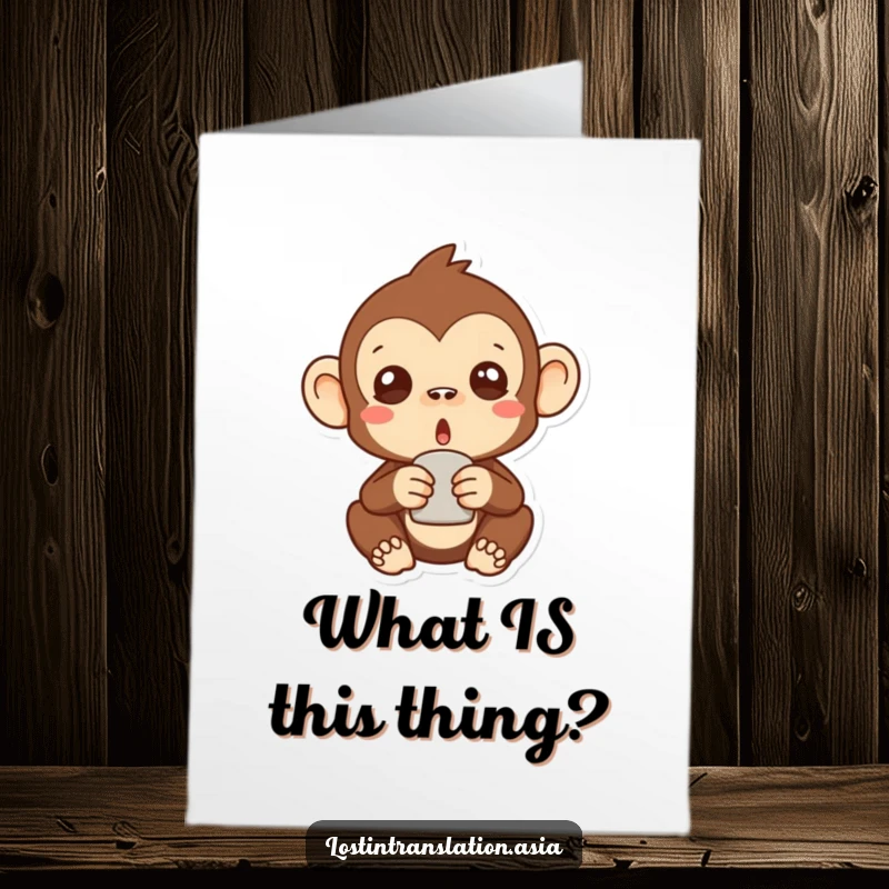 Funny Free Printable Birthday Card: A stylized monkey with a shocked face holds a mystery object, ready for laughs.