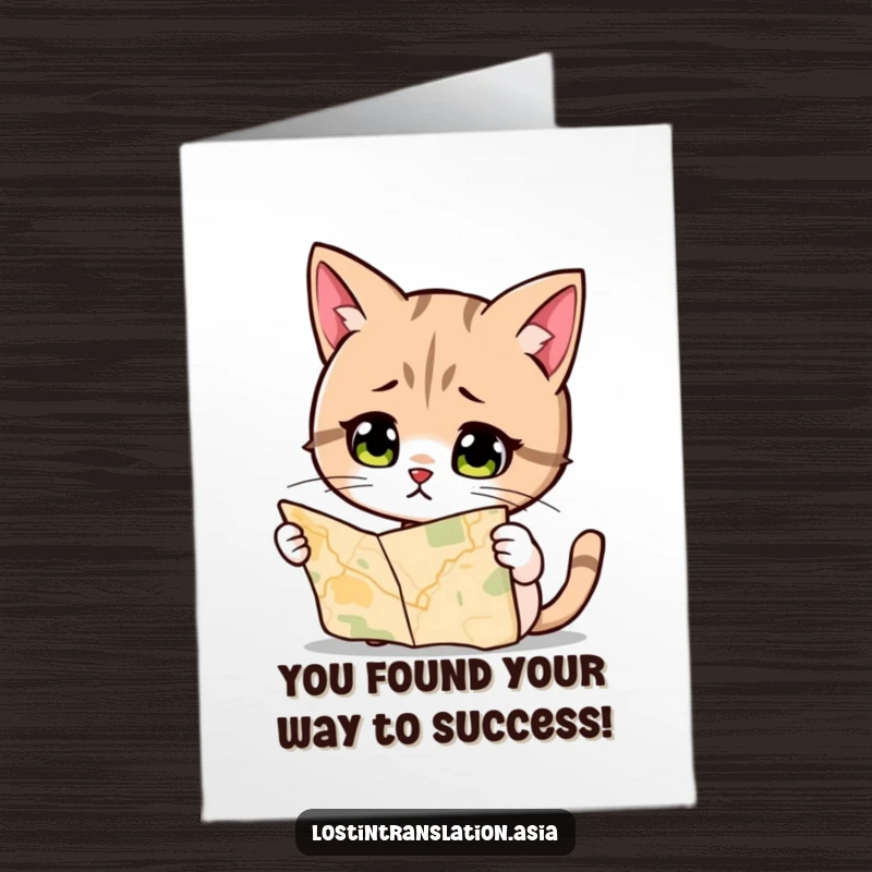 Funny Free Printable Congratulations Card: A cat looks quizzically at a map, humorously trying to figure out directions to success.