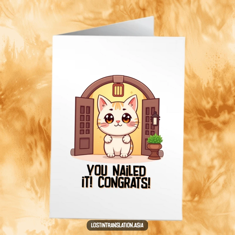 Funny Free Printable Cat Congrats Card: Cheerful cat peeking from a doorway, celebrating success.