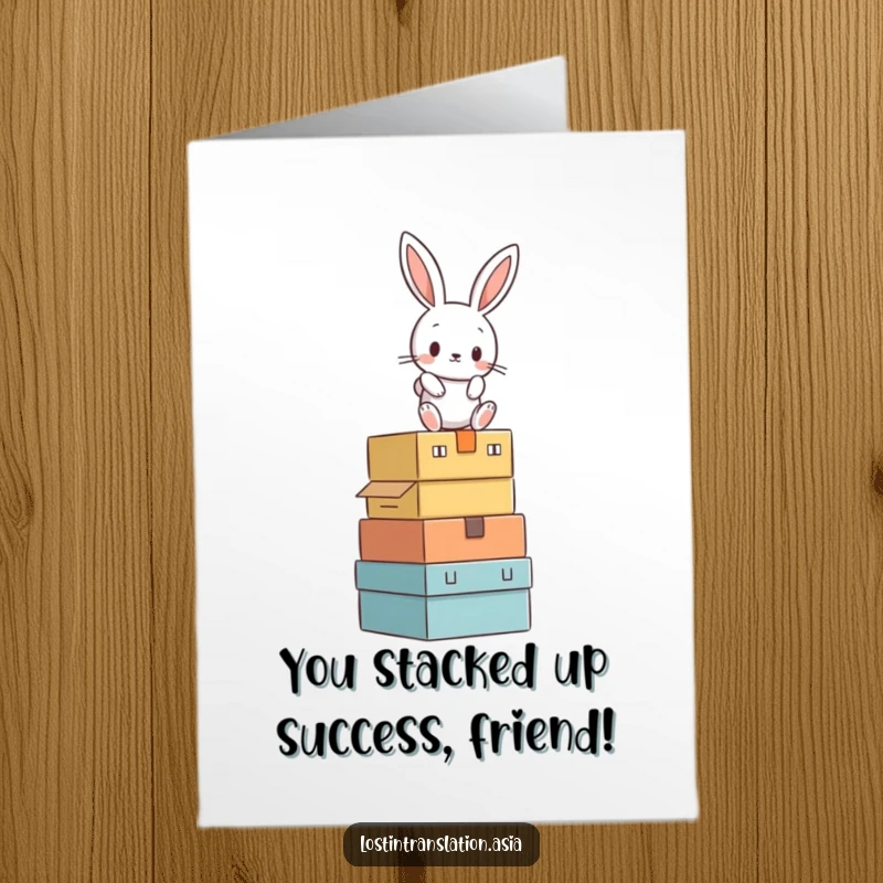 Funny Free Printable Congratulations Card showing a rabbit humorously balancing on unstable boxes, celebrating success with a laugh.